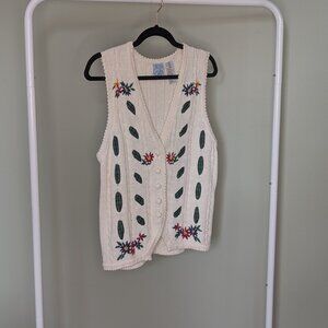 Vintage Russ State of Blue Knit Vest | Petite Medium Cream Embroidered Floral B